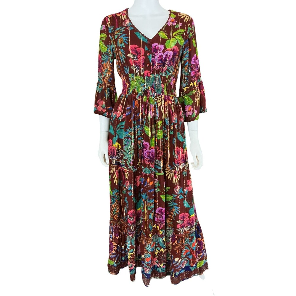 Me 2 Magic Anthropologie Maxi Dress S Floral Gold Stripe Fairy Whimsigoth  BOHO - Picture 2 of 14